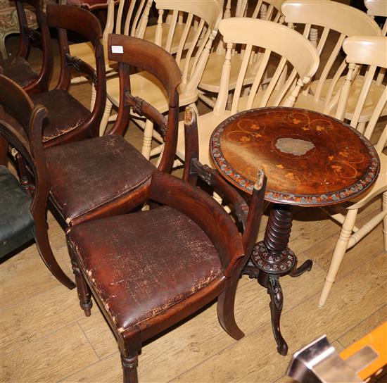 Four Victorian mahogany dining chairs and a tripod table